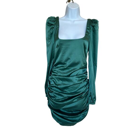Revolve Teal Ruched Mini Dress SMALL Bodycon Princess Sleeve More to Come NEW - Picture 4 of 8